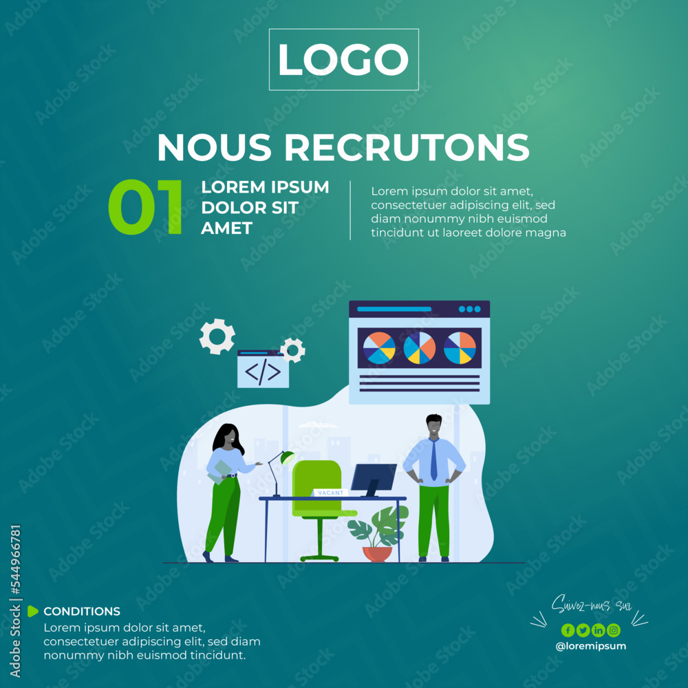 Template Recrutement. Concept d'embauche et de recrutement en ligne avec des une fille et un garçon. Entretien en agence. Sélectionnez un processus de reprise. Modèle de page de destination