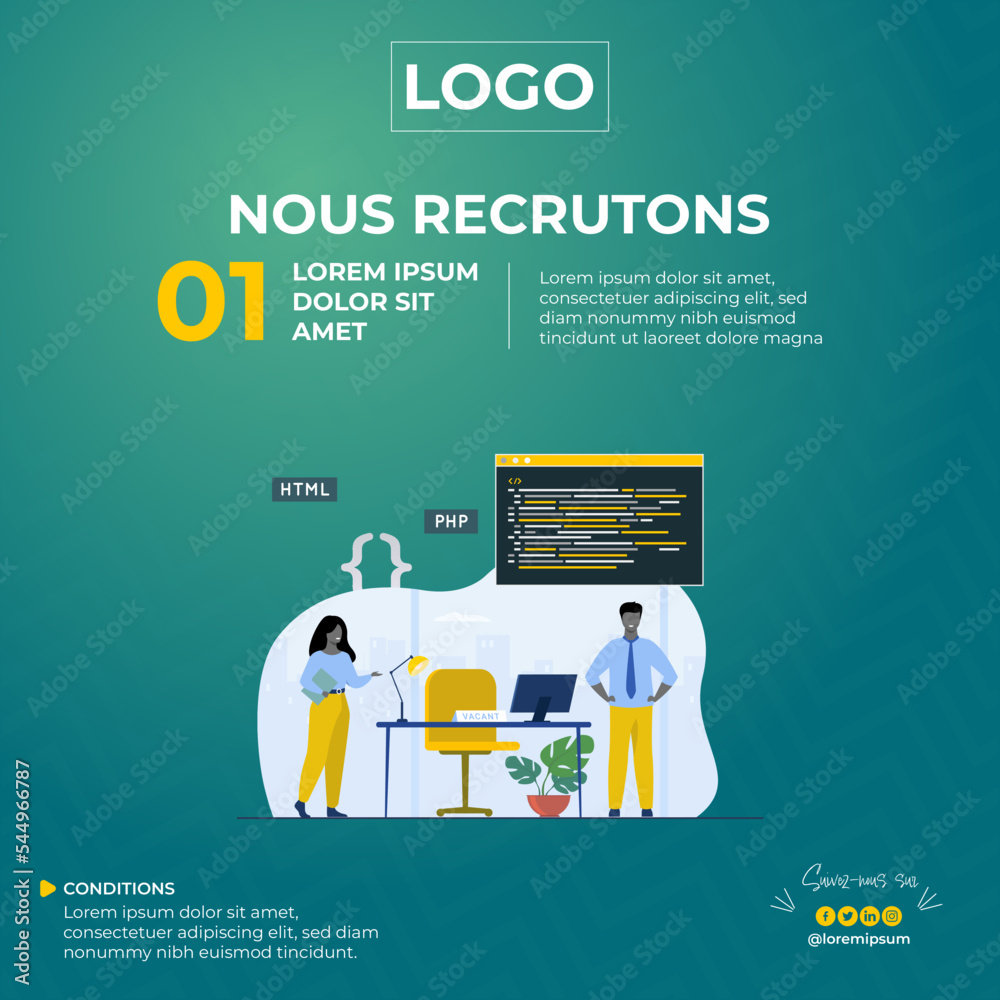 Template Recrutement. Concept d'embauche et de recrutement en ligne avec des une fille et un garçon. Entretien en agence. Sélectionnez un processus de reprise. Modèle de page de destination