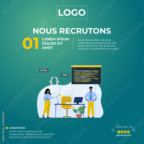 Template Recrutement. Concept d'embauche et de recrutement en ligne avec des une fille et un garçon. Entretien en agence. Sélectionnez un processus de reprise. Modèle de page de destination