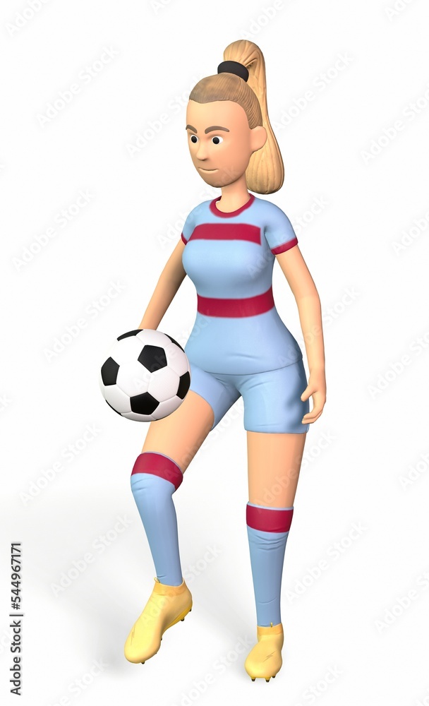 Teen girl juggling soccer ball with her knees on a white background 3d-rendering