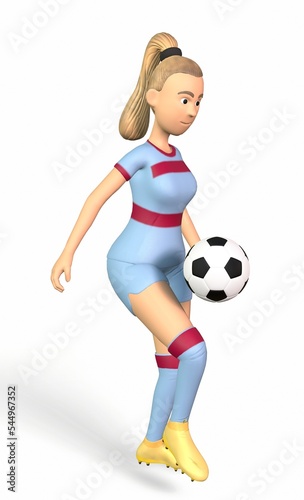Teen girl juggling soccer ball with her knees on a white background 3d-rendering