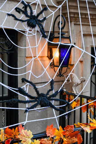 Creative outdoor Halloween decorations. Spiders, web and skeleton.