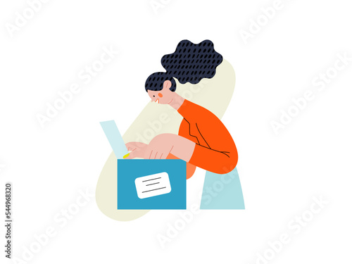Buy online - Online shopping and electronic commerce series - modern flat vector concept illustration of a woman unpacking a parcel box. Delivery, discounts, sale and online orders concept