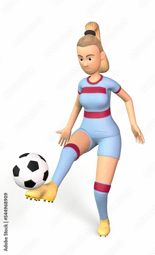 football player girl juggles a ball with her foot 3d-rendering