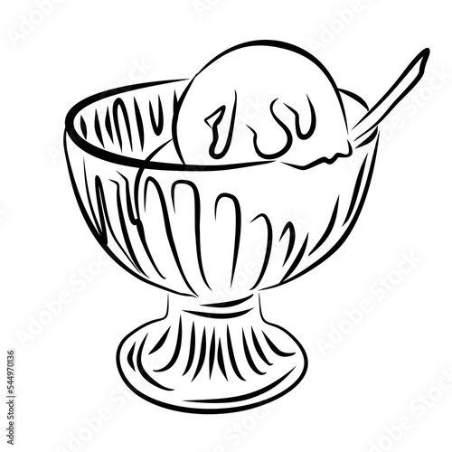 Realistic sketch of ice cream in a vase. Vector illustration in sketch style.
