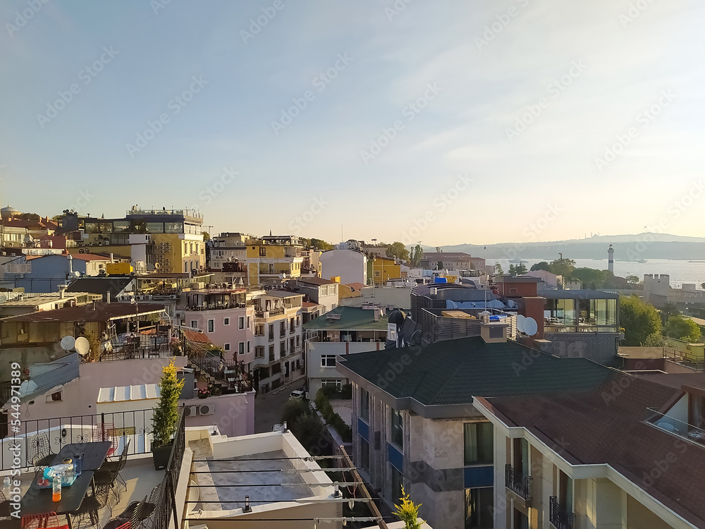 Fototapeta premium Istanbul city view on mosque with Sultanahmet district against sky. Sunset in Istanbul, Turkey with Suleymaniye Mosque, Ottoman imperial mosque