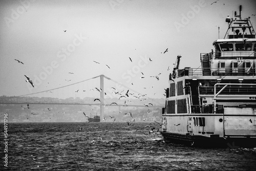 Leinwand Poster Grained black white İstanbul bosphorus bridge, steamboat, seagull, sea, foggy ai