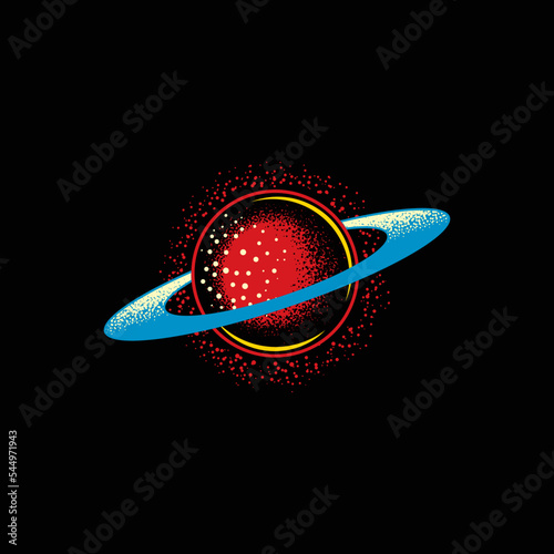 Original vector illustration in neon style. A planet in space. A design element. T-shirt or sticker design.