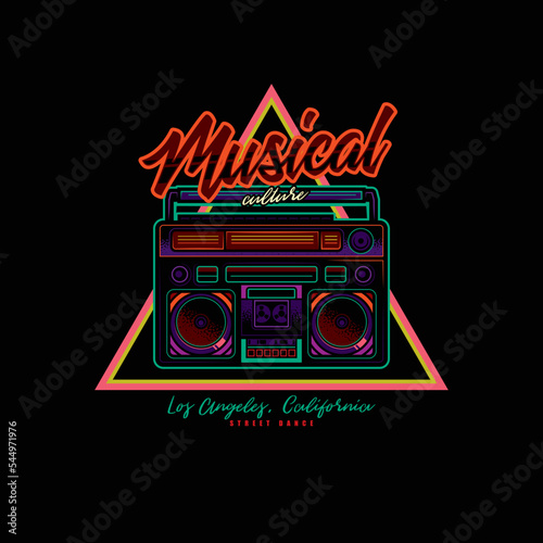 Original vector logo in neon style. An old cassette player. Boombox. T-shirt design, design element.