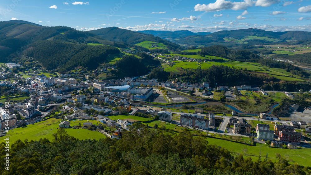 Aerial view of Vegadeo small rural town in Asturias, Spain