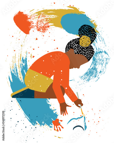 diversity people - child playing paint - black girl with black hair - colored background