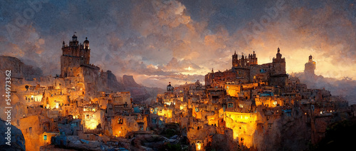 Fotografiet Beautiful desert victorian with cathedral on mountains and beautiful twilight sky, concept artwork