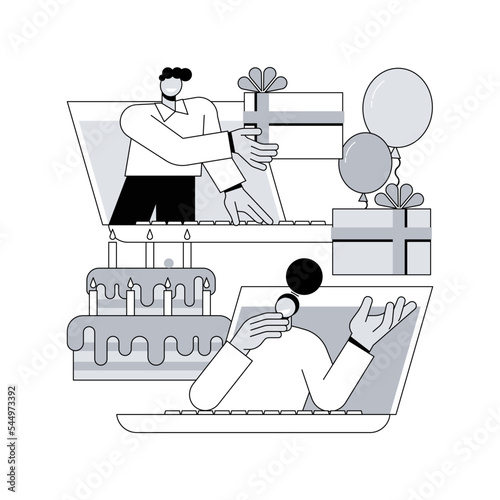 Sharing gifts online abstract concept vector illustration. Online celebration, unpacking present on video, sending greetings on camera, opening gift, virtual party, sharing fun abstract metaphor.