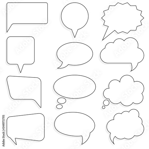 Large set of black and white speech bubbles with shadows. Vector illustration.
