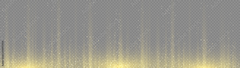 Garland lights gold glitter hanging vertical lines holiday background. Golden rain and dust falls down. Shiny sparkle motion line speed. Yellow garlands glitter with light effect. Vector illustration