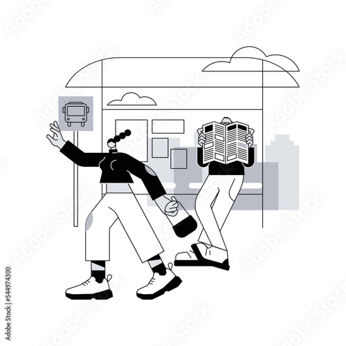 Bus station abstract concept vector illustration. Bus stop, pick up drop off passengers, station depot, traveler waiting, stressed people, rush hour, public transport, billboard abstract metaphor.
