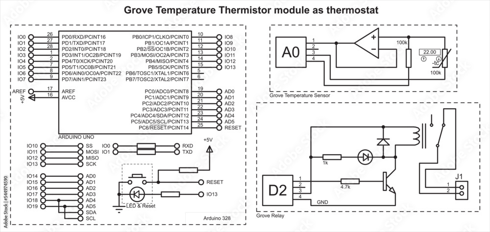 Vector schematic diagram of an electronic device on the arduino. Grove  temperature thermistor module as thermostat. Grove thermostat using  temperature sensor and relay modules Stock Vector | Adobe Stock