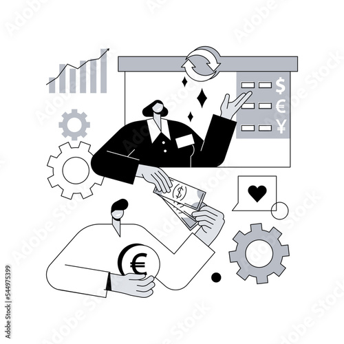 Currency exchange abstract concept vector illustration. Foreign exchange market rate, bank cash money offering, booth and teller station, forex broker, financial institution abstract metaphor.