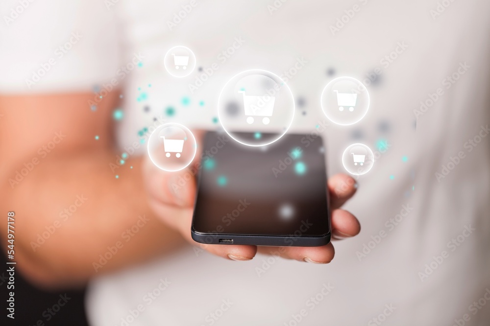 Business person with gadget and digital icons Business person with gadget and digital icons