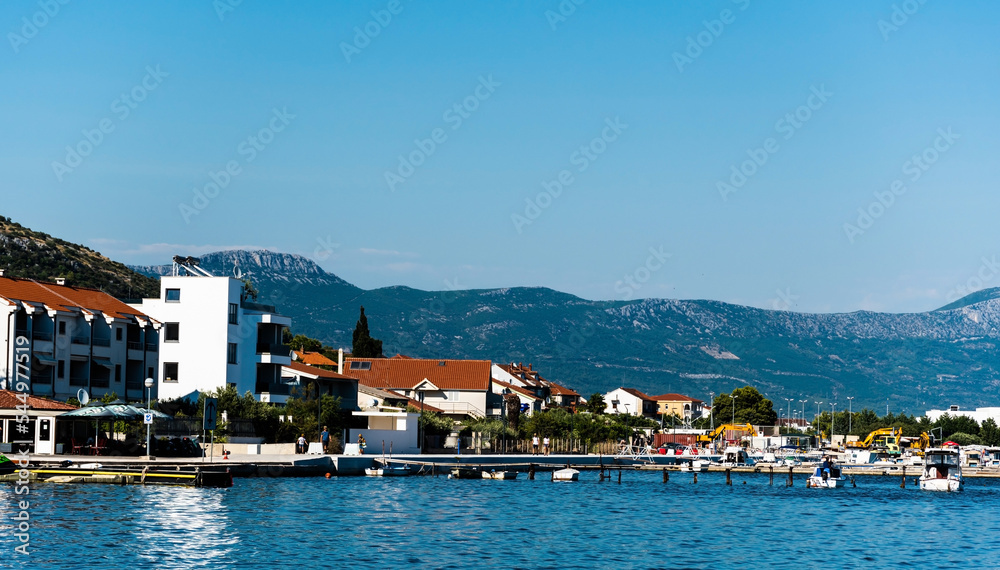 Landscape with the buildings seen from the promenade of the old town of Trogir. Croatia.