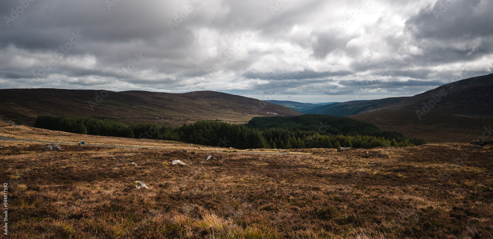 Panorama of Wicklow Mountains in Ireland, Cloudy weather.