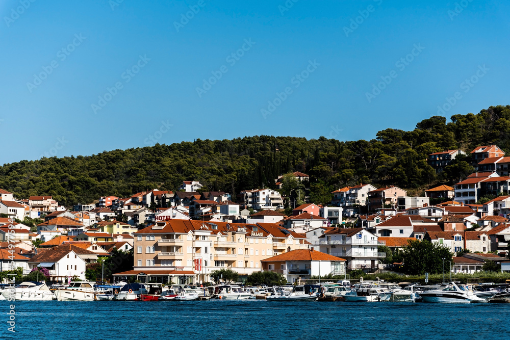 Landscape with the buildings seen from the promenade of the old town of Trogir. Croatia.