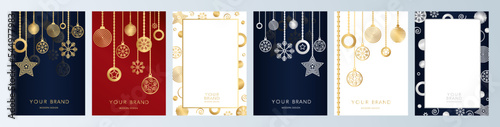 Christmas cover  frame design set. Winter vector template with gold line pattern snowball in gold  blue  silver color. Holiday background for New year menu  brochure  flyer  catalog  card
