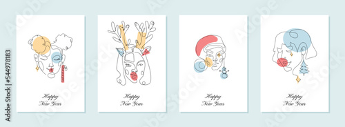 New year line poster. Modern abstract line minimalistic women faces arts set with different shapes for wall decoration, postcard or brochure cover design. Vector illustrations design