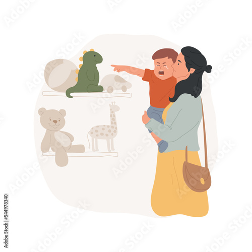 Whims in a shop isolated cartoon vector illustration. Mom carries crying toddler, kid pointing at a storefront, shopping mall, child whims, wanting a toy, together in the shop vector cartoon.