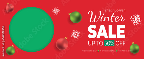 Winter sale mockup on red background with green circle. Realistic Christmas toys with snow. Sale and presentation scene. Vector business illustration