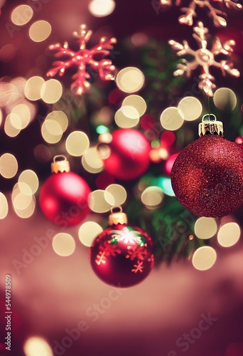 Red Baubles and snowflakes hanging on a christmas tree with a sparkling background