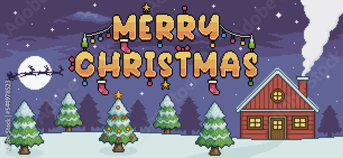 Pixel art christmas landscape, with pine trees, red house, snow and text merry christmas decorated background vector for 8bit game
