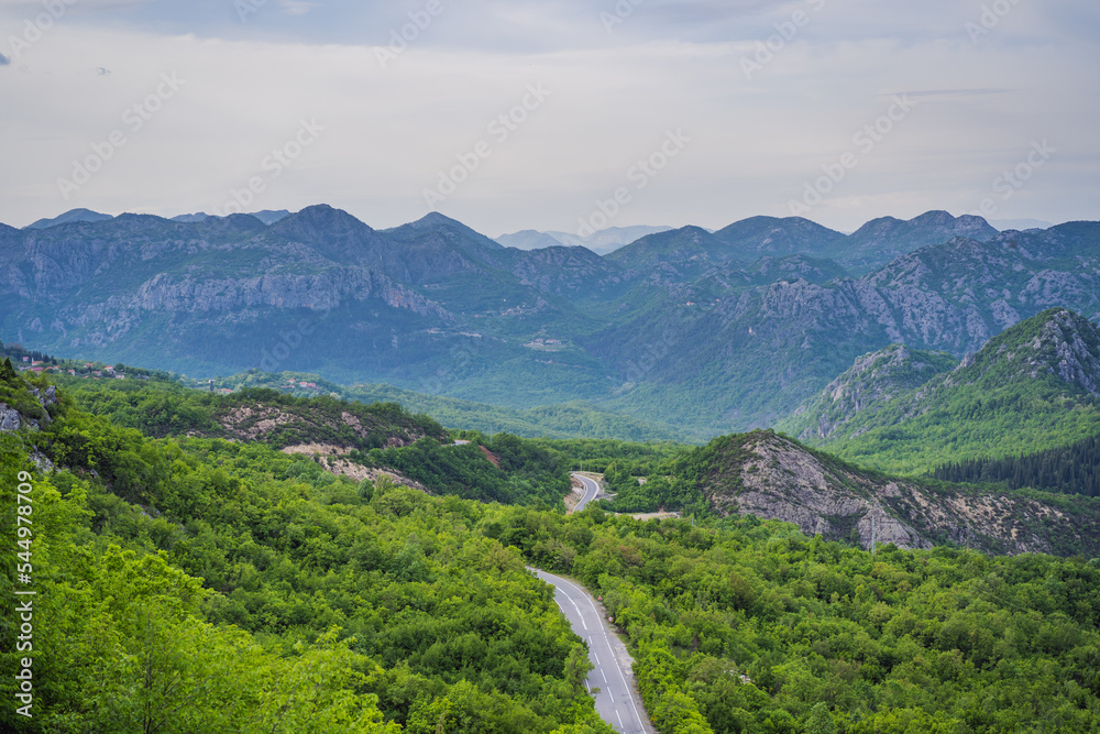 Fototapeta premium Montenegro. Picturesque canyon. Mountains surrounding the canyon. Forests on the slopes of the mountains. Haze over the mountains