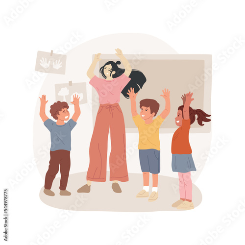 Classroom warmup isolated cartoon vector illustration. Physical exercise in classroom, children make exercise in a circle, hands up, holistic curriculum, waldorf main lesson vector cartoon.