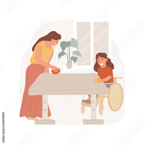 Learning practical skills isolated cartoon vector illustration. Adult shows how to clean table with cloth, daily life skills, practical learning, special education for children vector cartoon.