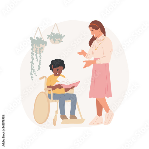 Support from specialized professional isolated cartoon vector illustration. Woman talks to child sitting in wheelchair, education specialist support, private special school vector cartoon.