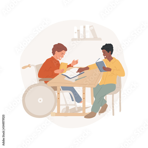 Adaptive classroom furniture isolated cartoon vector illustration. Adaptive desk, barrier free environment, inclusive classroom furniture, student in wheelchair sitting in class vector cartoon.