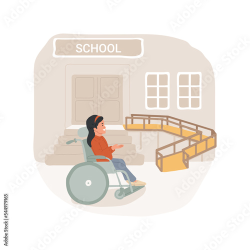 Wheelchair ramp isolated cartoon vector illustration. Inclusive school environment, wheelchair ramp, student in wheelchair near stairs, impaired children facility, barrier free vector cartoon.