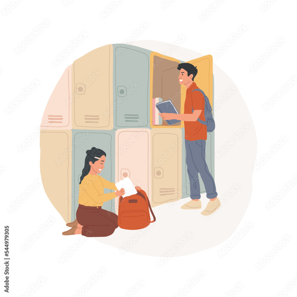 Students lockers isolated cartoon vector illustration. Child puts books