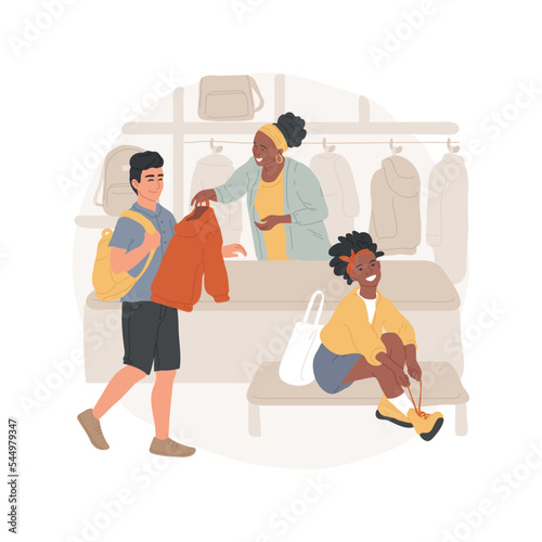 Cloakroom isolated cartoon vector illustration. Education system, school life, student handing coat, child sitting and changing shoes, backpack standing in cloakroom vector cartoon.