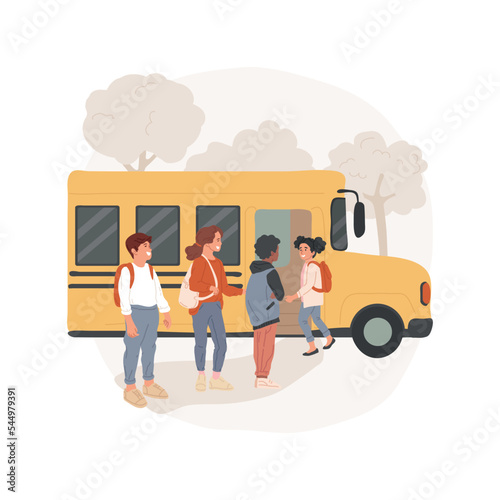 School bus isolated cartoon vector illustration. Transportation system, traditional public school, student lifestyle, children with backpacks getting in a yellow bus at the stop vector cartoon.