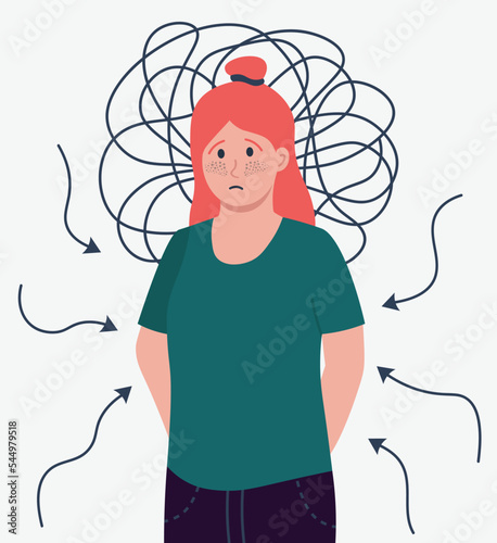 Concept Of Mental Health With Sad Girl Vector Illustration In Flat Style