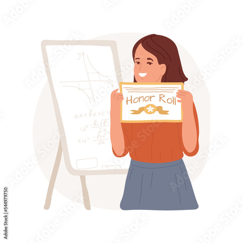 Getting honor roll isolated cartoon vector illustration. Smiling student holding award certificate, school awards and recognition, honor roll for excellent academic studies vector cartoon.