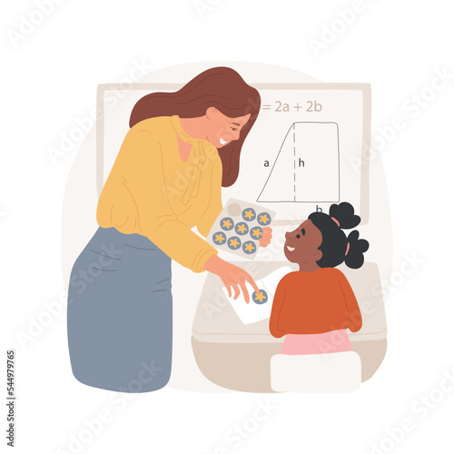 Getting reward stickers isolated cartoon vector illustration. Teacher giving a child sticker reward, elementary school award, student success recognition, getting a star vector cartoon.