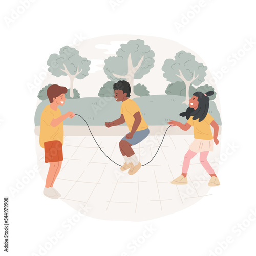 Kids skipping together isolated cartoon vector illustration. Practicing skipping skills, recess activity, free time, school fitness, two kids spin rope together, child jumping vector cartoon.