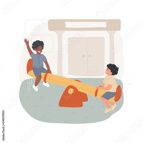 Seesaw isolated cartoon vector illustration. Kids balancing on a seesaw, recess fun, playground facility, free time, outdoor activity, riding together, elementary school vector cartoon.