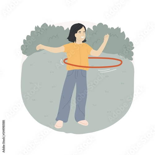 Hula-hooping isolated cartoon vector illustration. Girl spinning hulahoop, recess, leisure time, active child, young teens playing outdoor, school break, hula-hooping for fun vector cartoon.