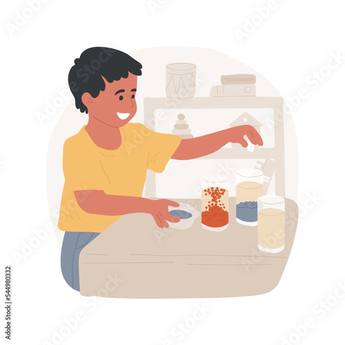 Lava lamp experiment isolated cartoon vector illustration. Child pouting liquids of different density, rainbow jar, diy lava lamp, learn physical properties of materials, stem vector cartoon.