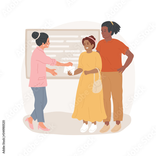 Parents get a report card isolated cartoon vector illustration. Person giving an envelope to a couple, parent-teacher conference, school report card, get student assessment vector cartoon.