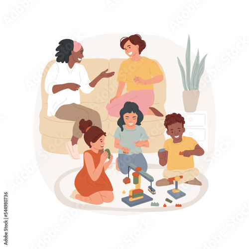 Playdate at home isolated cartoon vector illustration. Playdate with peers, children play, parents having conversation, families home meeting, socialization for homeschoolers vector cartoon.